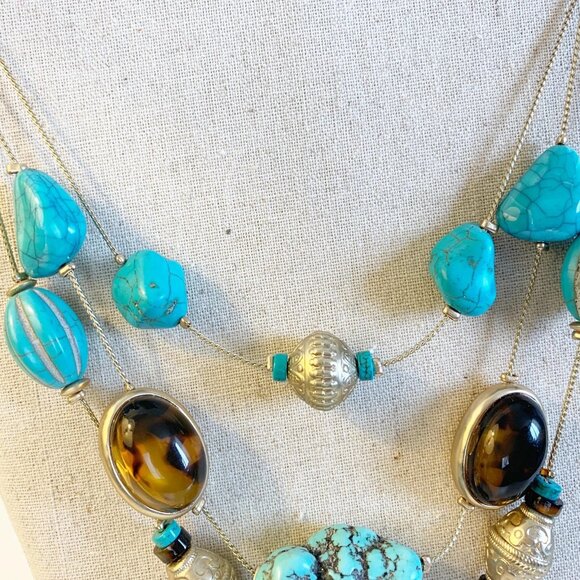 Chico's Necklace 3 Strand Faux Turquoise Stones Howlite Wood Claw Clasp NWT - Picture 6 of 6